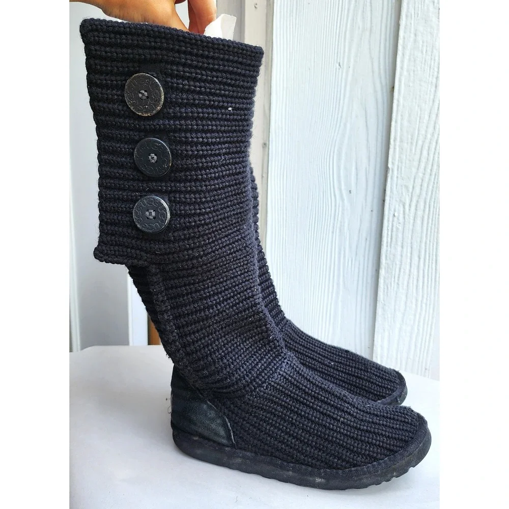 UGG Sz 7 Black Knit Cardy Tall Preppy Y2K Boots Button Fold Over Sheepskin Lined